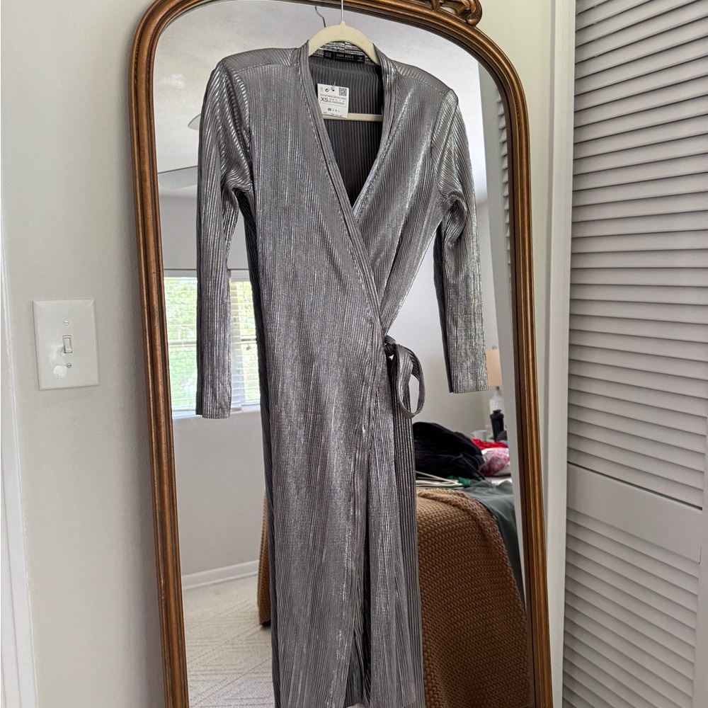 Zara never worn Silver Metallic Wrap Dress